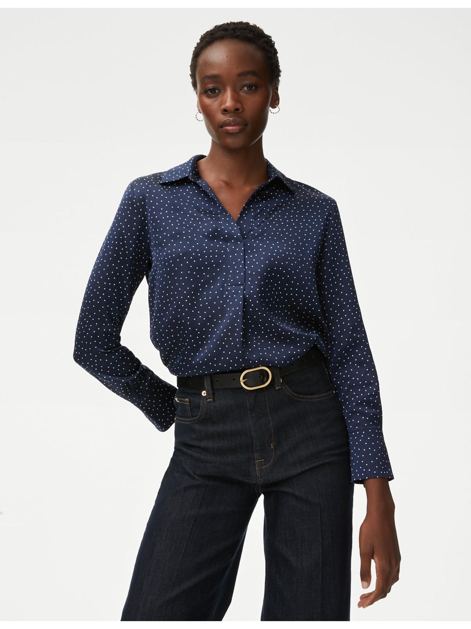 navy blue polka dot collared popover blouse