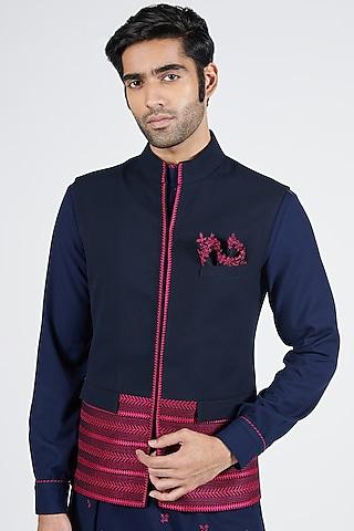 navy blue poly blend & viscose embroidered bundi jacket