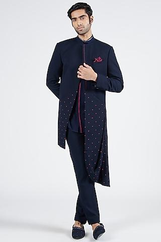 navy blue poly blend & viscose embroidered sherwani