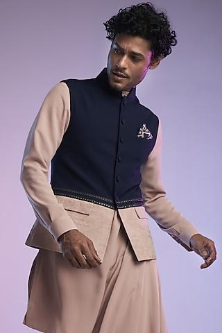 navy blue poly blend color-blocked embroidered nehru jacket