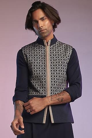 navy blue poly blend embroidered nehru jacket