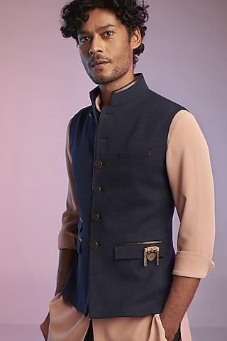 navy blue poly blend nehru jacket