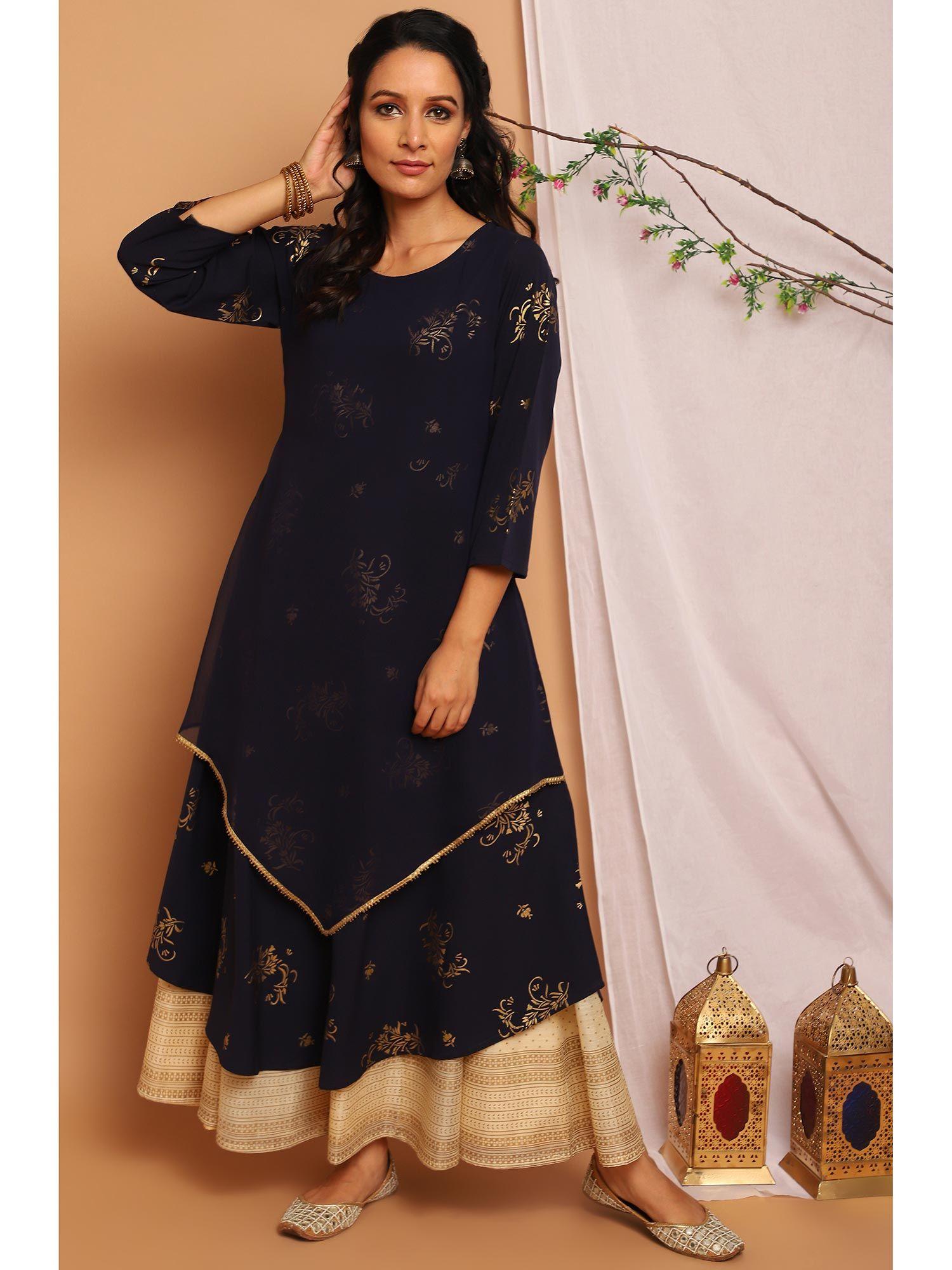 navy blue poly crepe floral print flared kurta