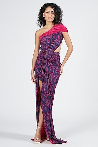navy blue poly jersey printed one-shoulder gown saree