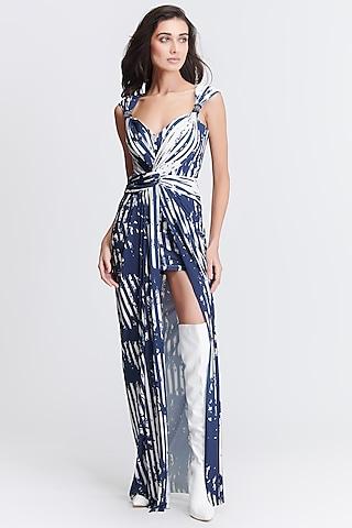 navy blue poly jersey spandex draped gown