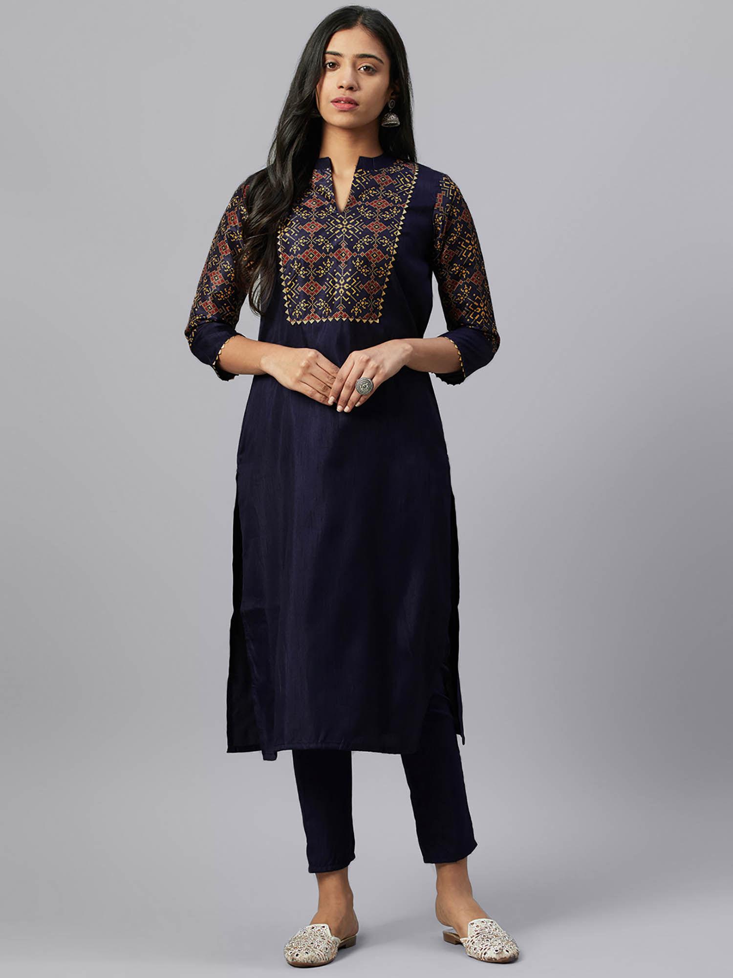 navy blue poly silk screen printed straight kurta