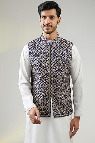 navy blue poly wool thread embroidered bundi jacket