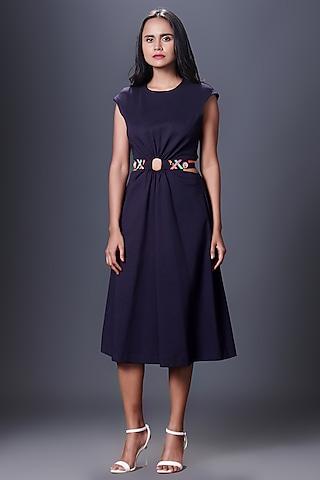 navy blue ponte roma cut-out midi dress with belt