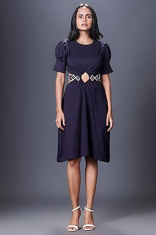 navy blue ponte roma knee-length dress with belt