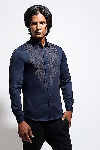 navy blue poplin embroidered shirt