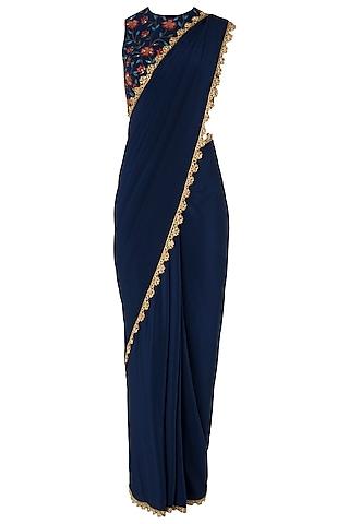 navy blue pre-stitched saree with floral embroidered blouse