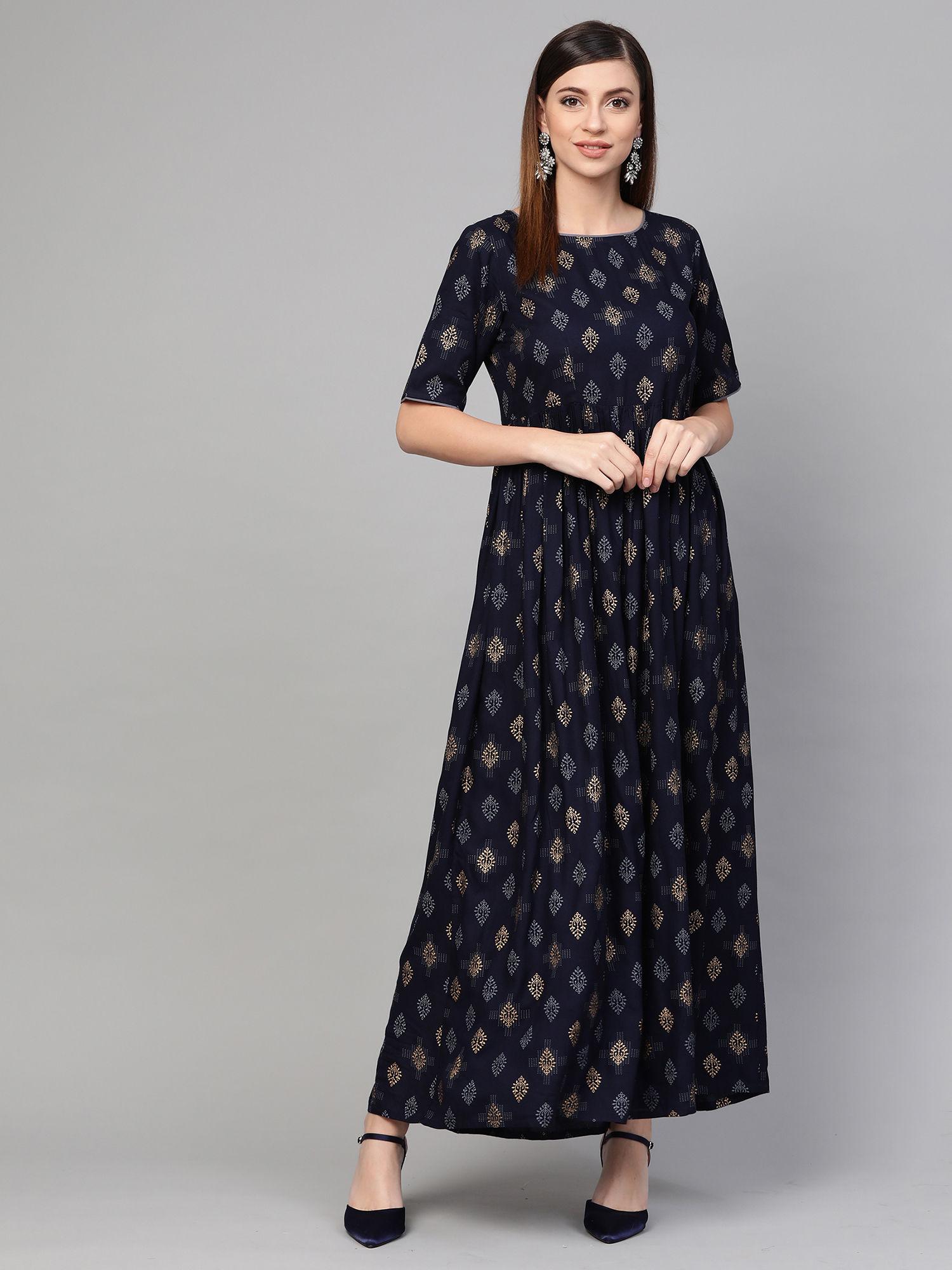 navy blue print dress