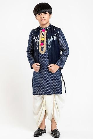 navy blue printed & embellished kurta set for boys