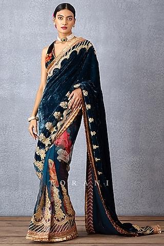navy blue printed & embroidered saree
