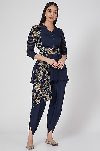 navy blue printed & embroidered tunic set