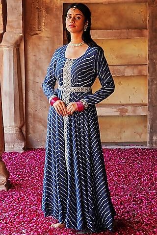 navy blue printed anarkali set