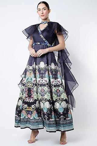 navy blue printed anarkali with dupatta