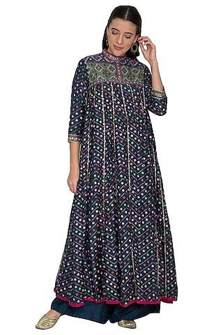 navy blue printed anarkali with pants