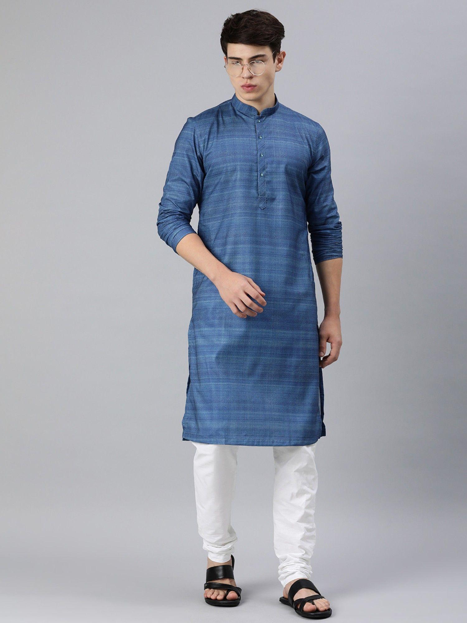 navy blue printed blended cotton full sleeves kurta (set of 2)