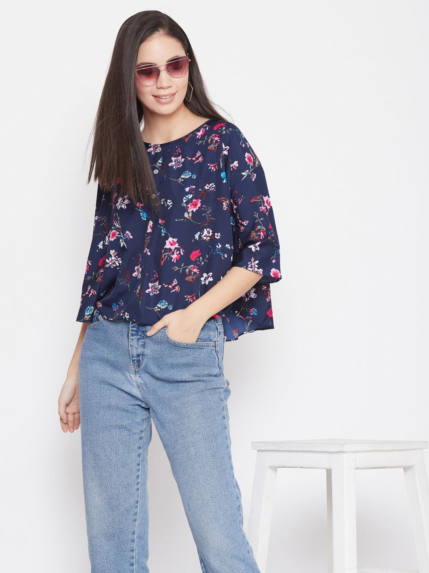 navy blue printed button down cape top