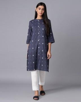 navy blue printed button down kurta