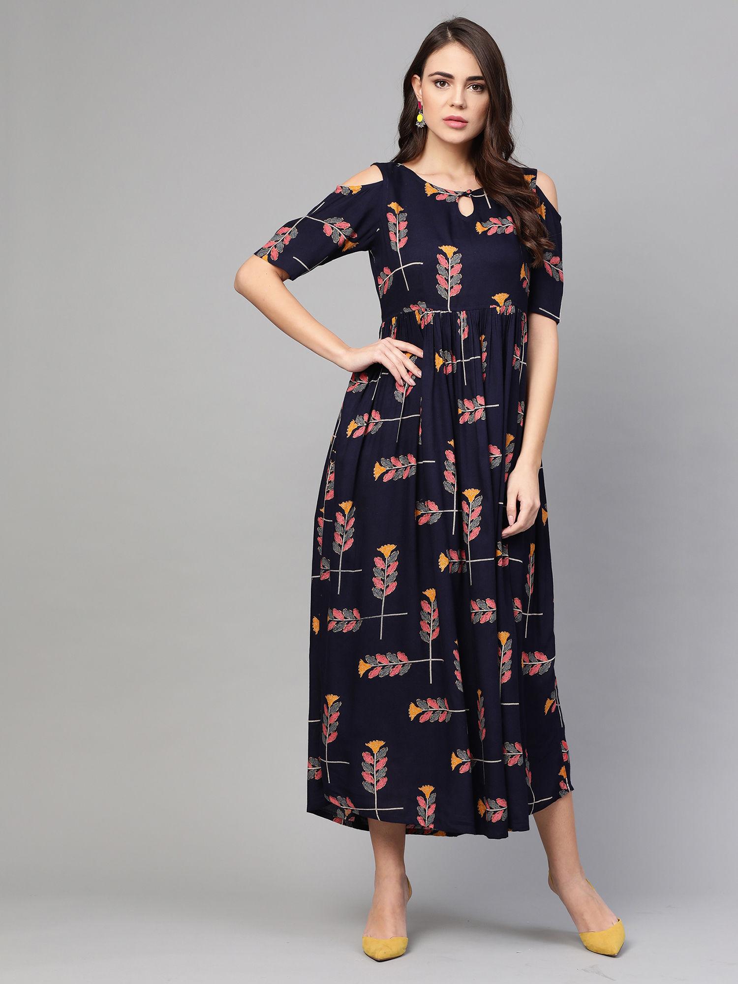 navy blue printed cold shoulder dress