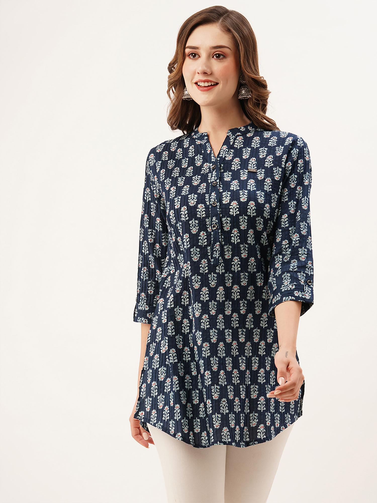 navy blue printed cotton stitched short kurti for women