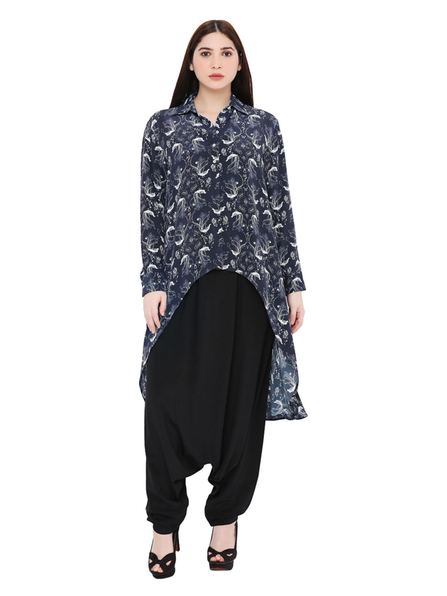 navy blue printed crepe top for women