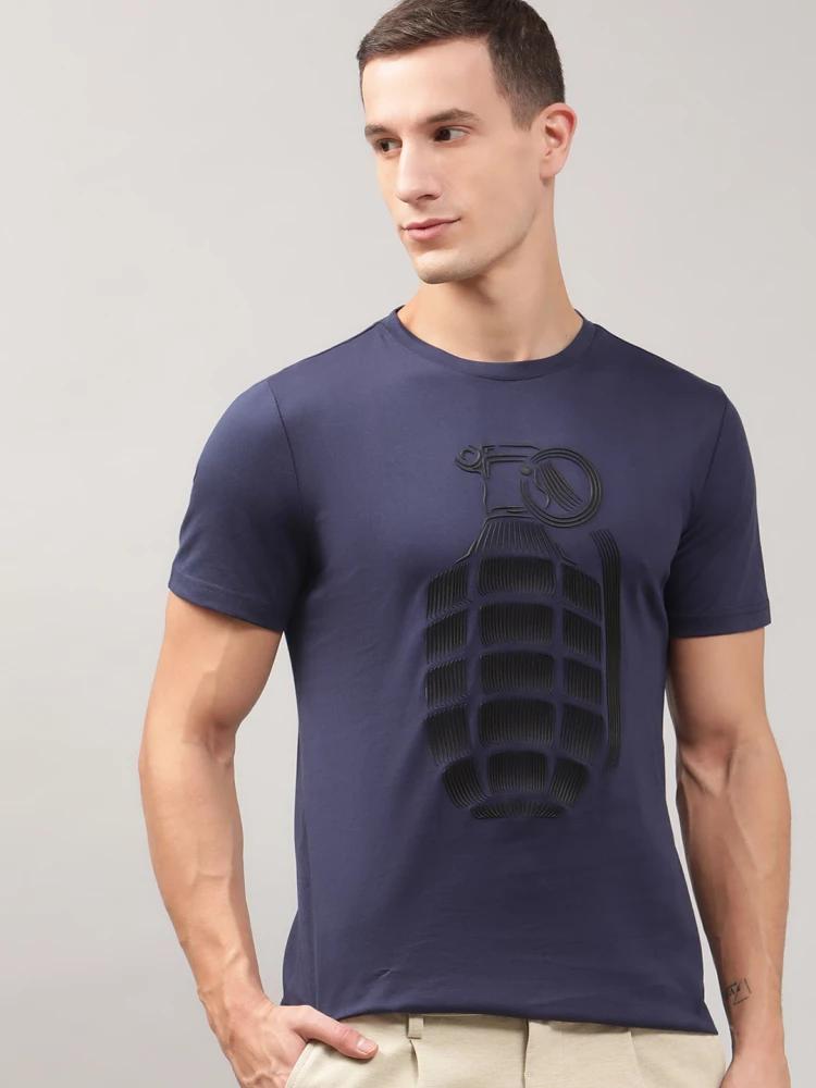 navy blue printed crew neck tshirt