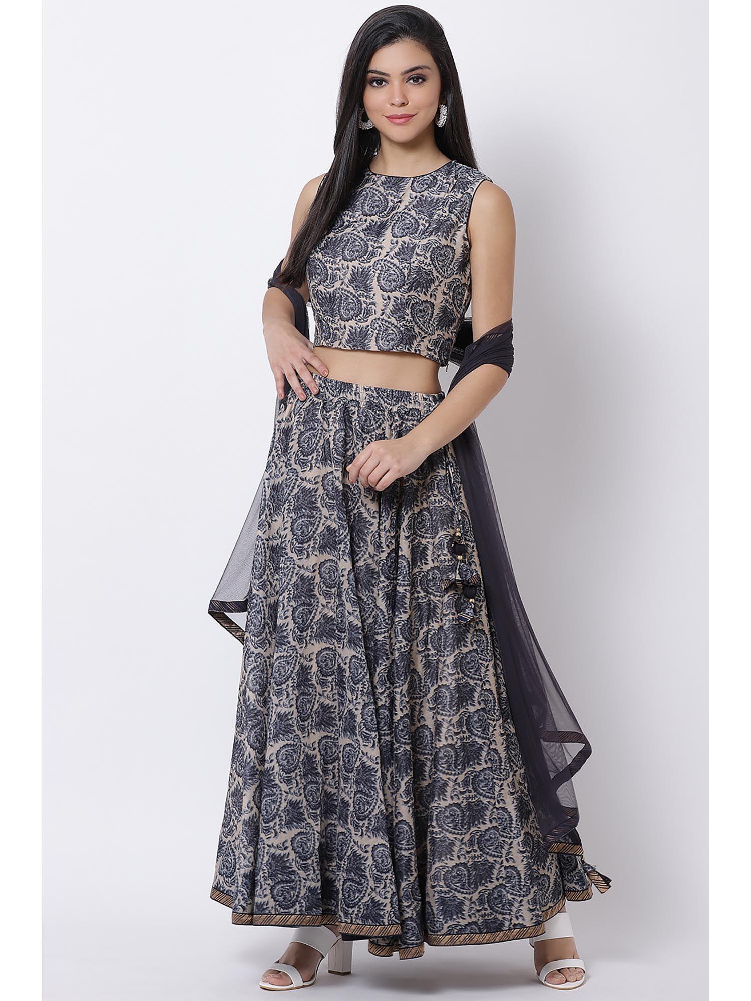 navy blue printed crop top with skirt & dupatta (set of 3)