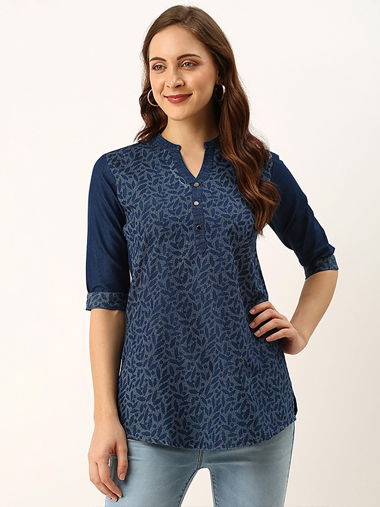 navy blue printed denim stitched short kurti for women