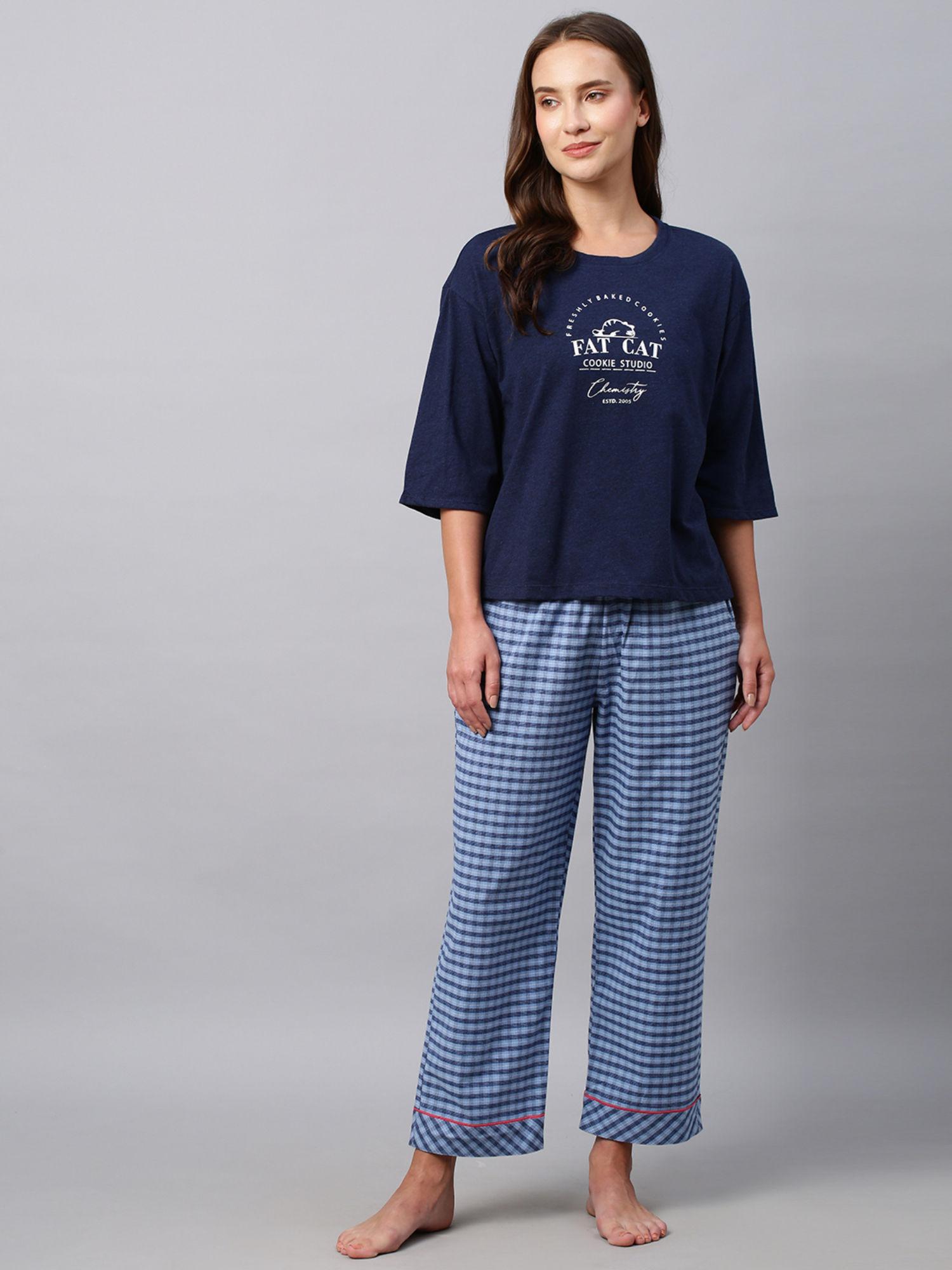 navy blue printed drop shoulder t-shirt with cotton checkered pyjama (set of 2)