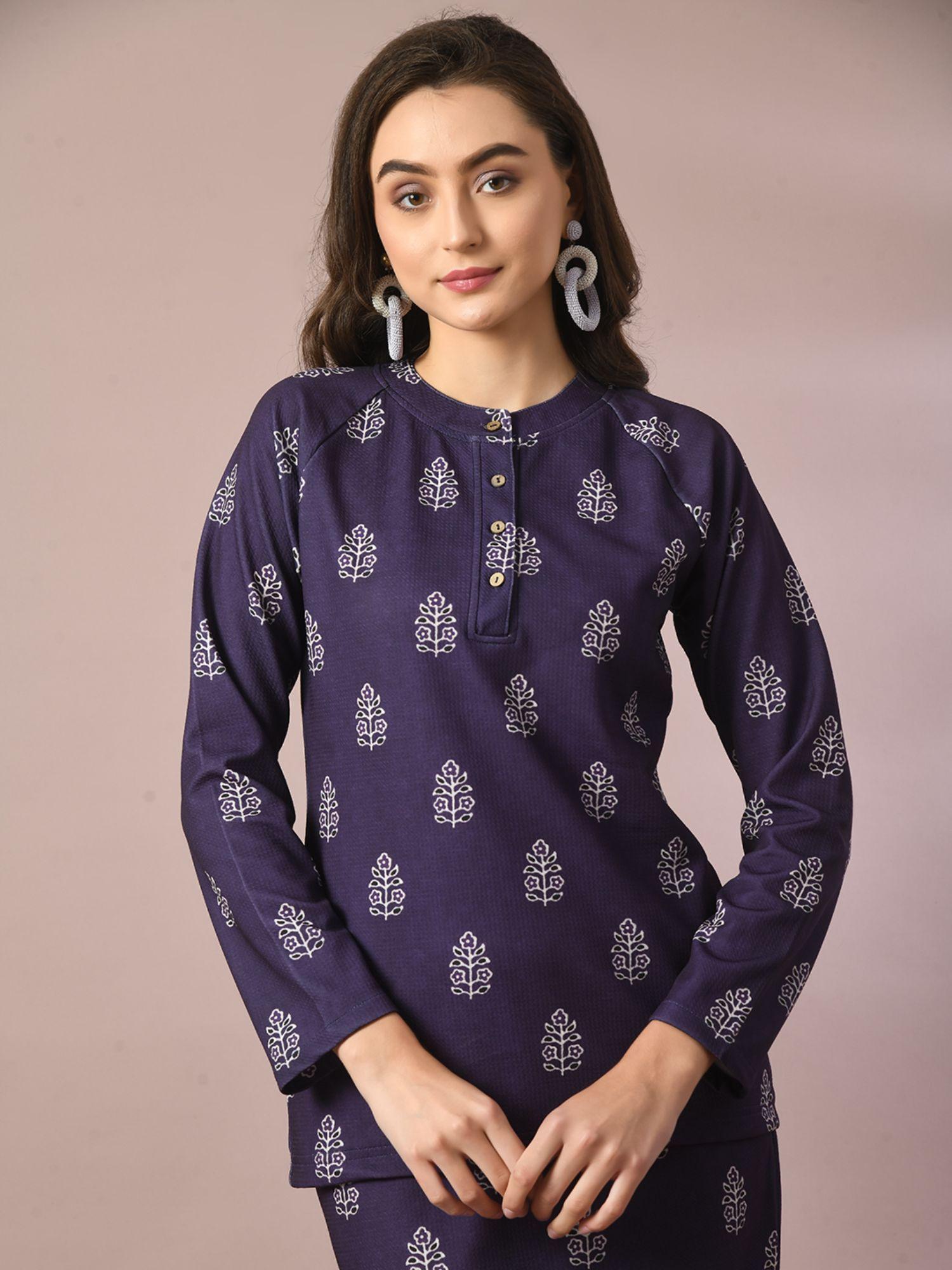 navy blue printed full sleeve party top