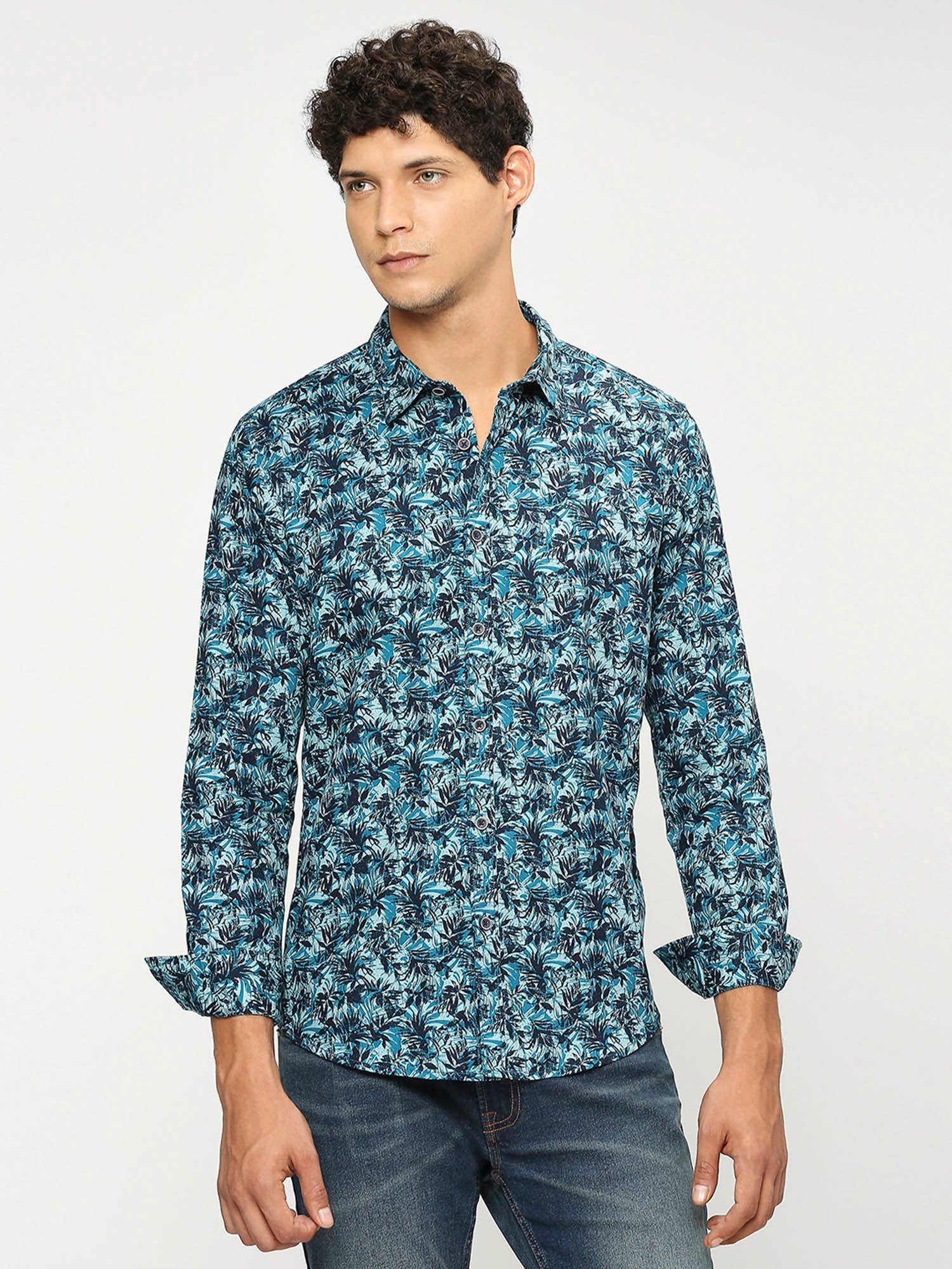 navy blue printed full sleeves shirt