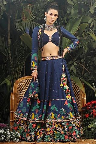 navy blue printed kalidar lehenga set