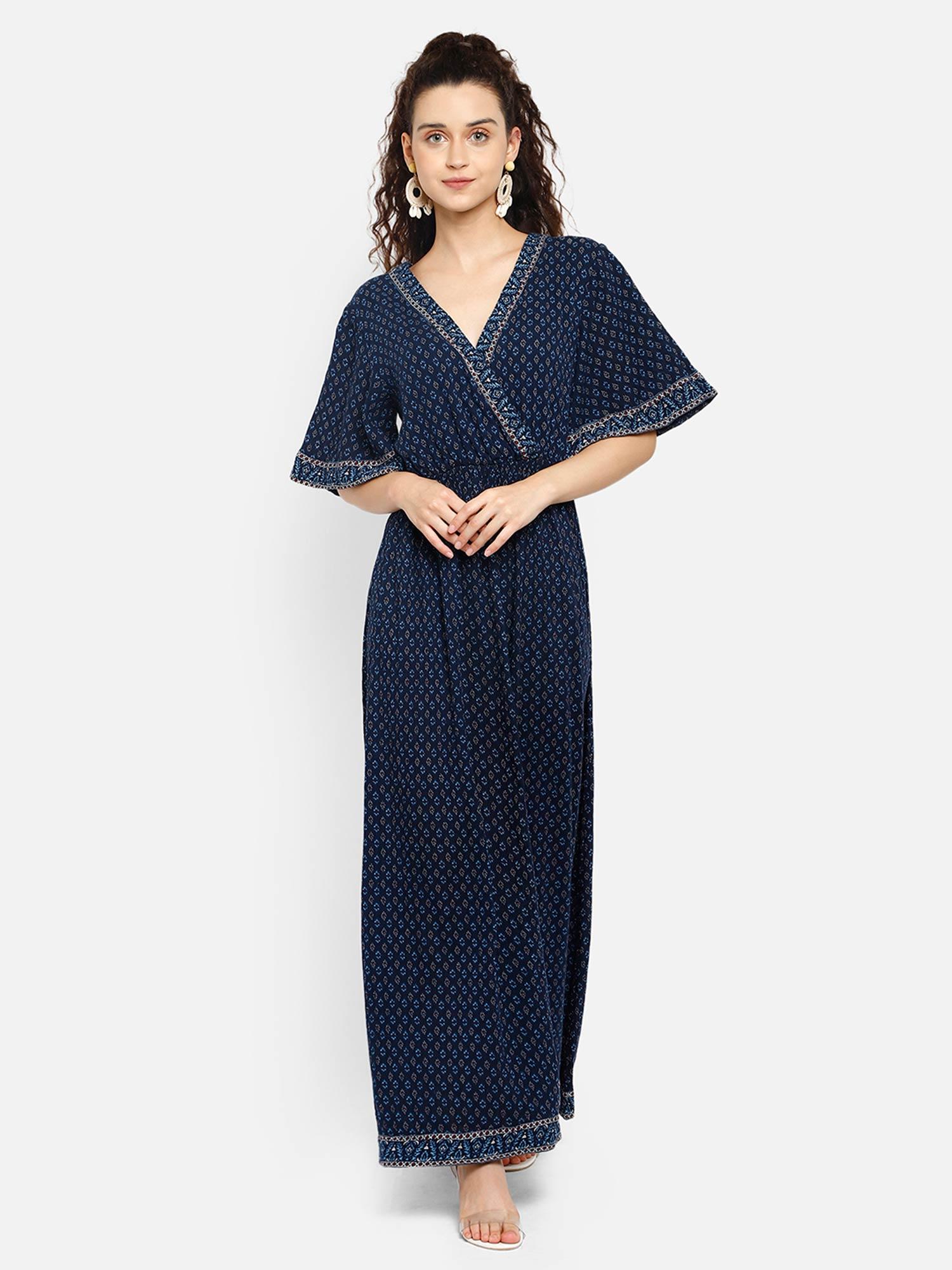 navy blue printed kimono maxi viscose dress