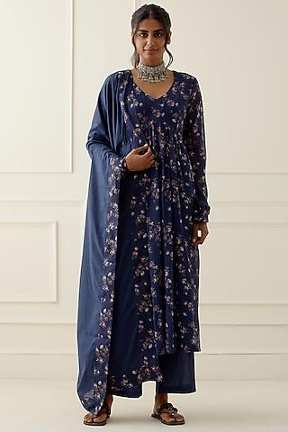 navy blue printed kurta set