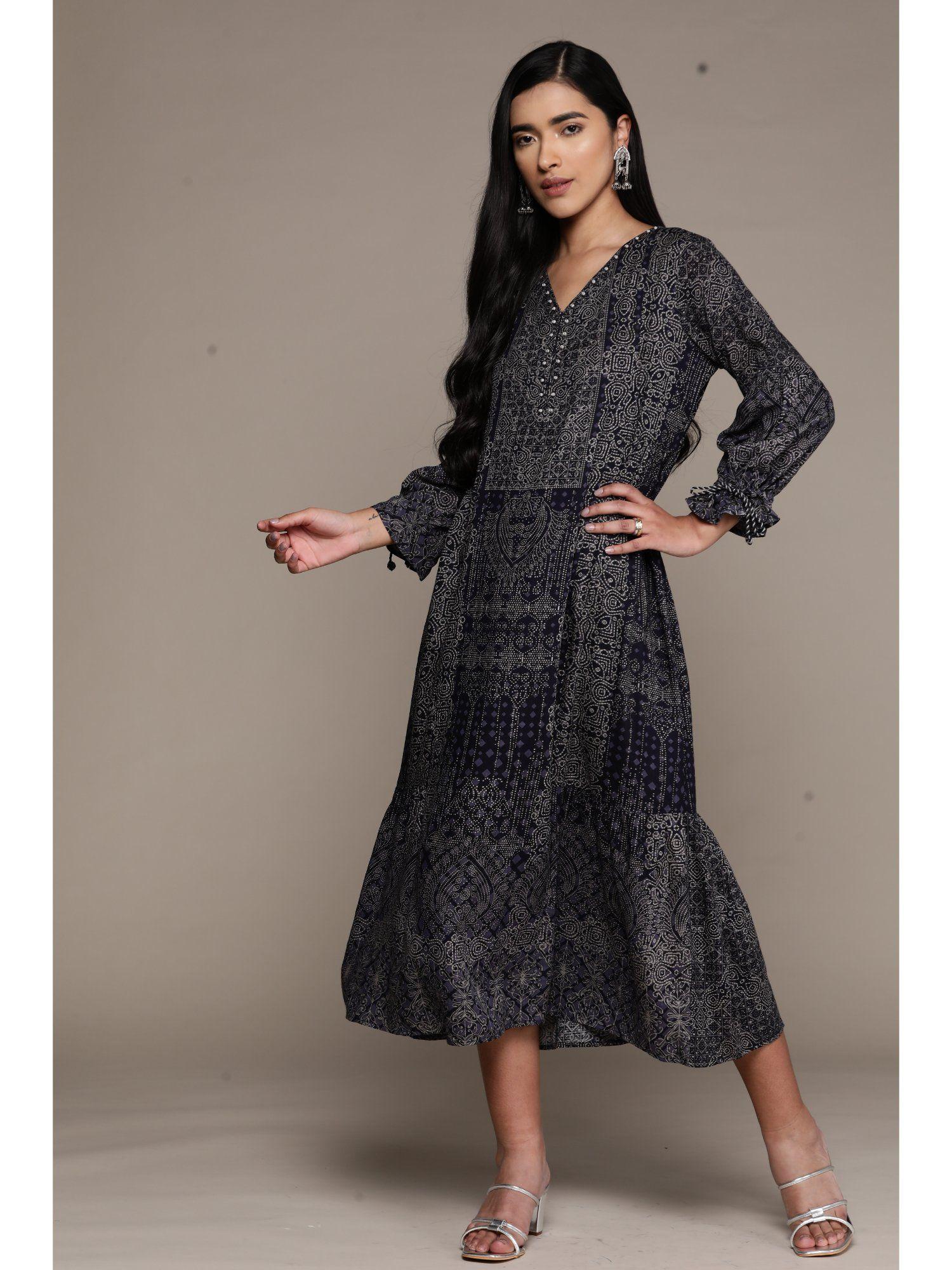 navy blue printed long dress