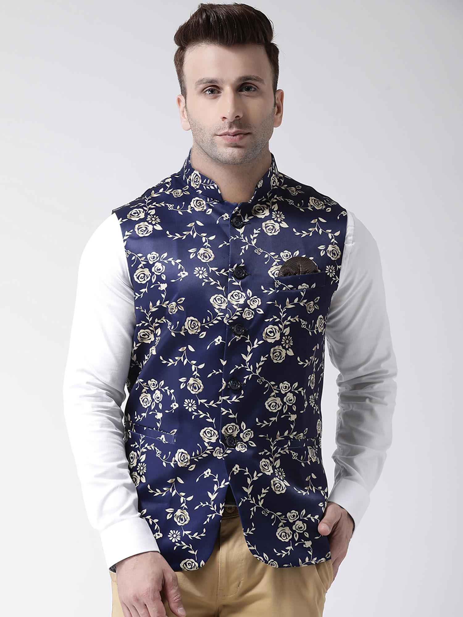 navy blue printed nehru jacket