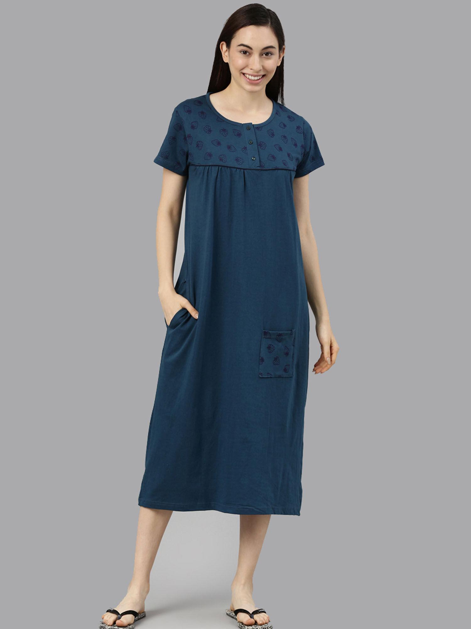 navy blue printed nightdress for women