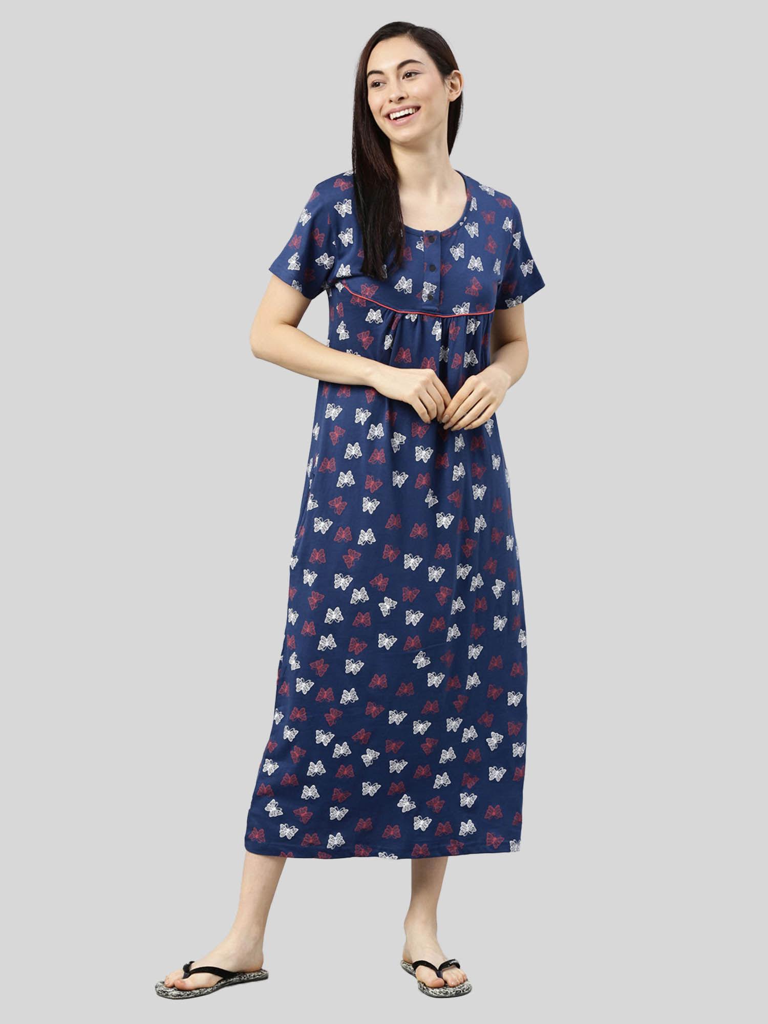 navy blue printed nightdress for women