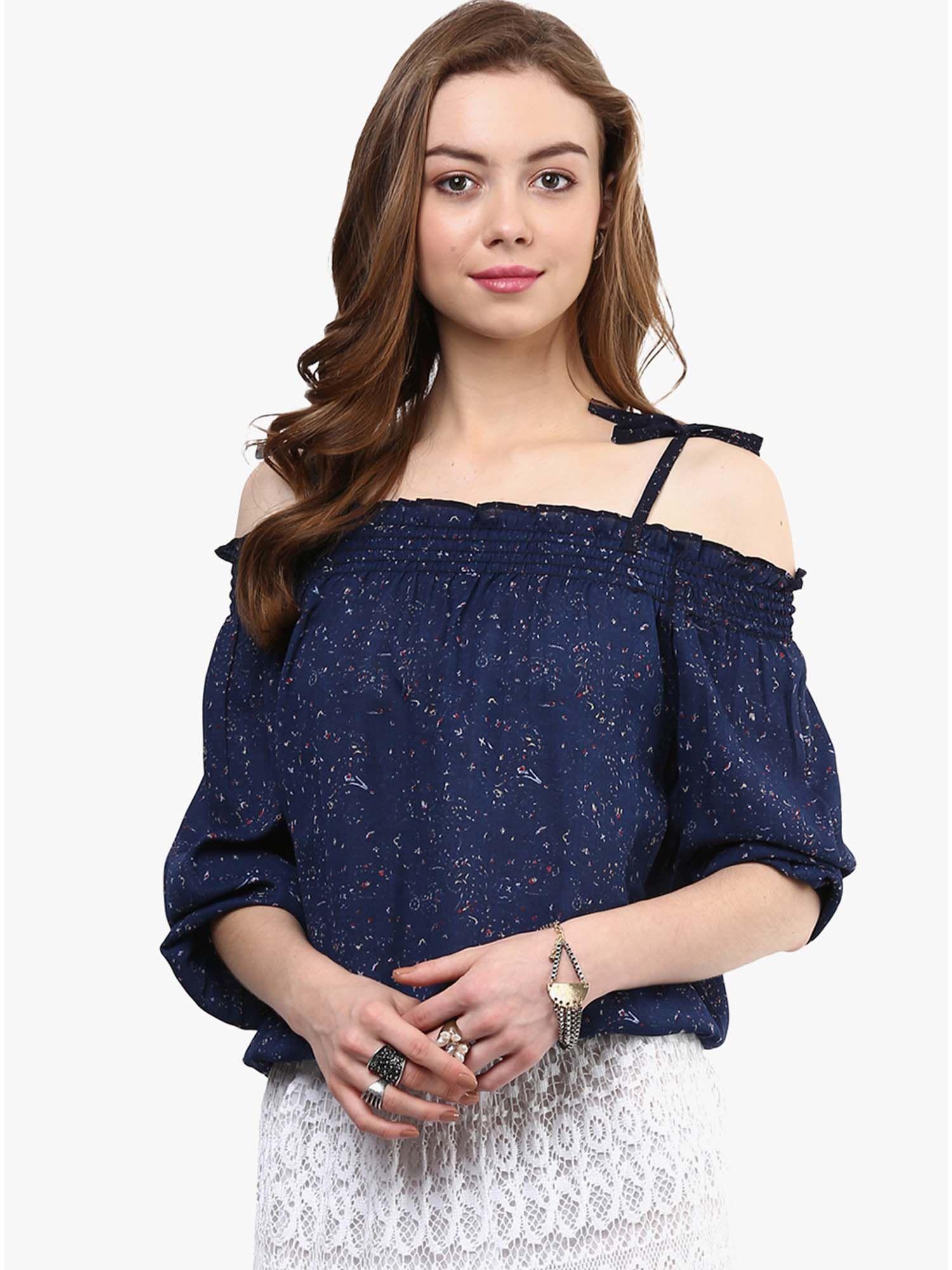 navy blue printed off-shoulder blouson top