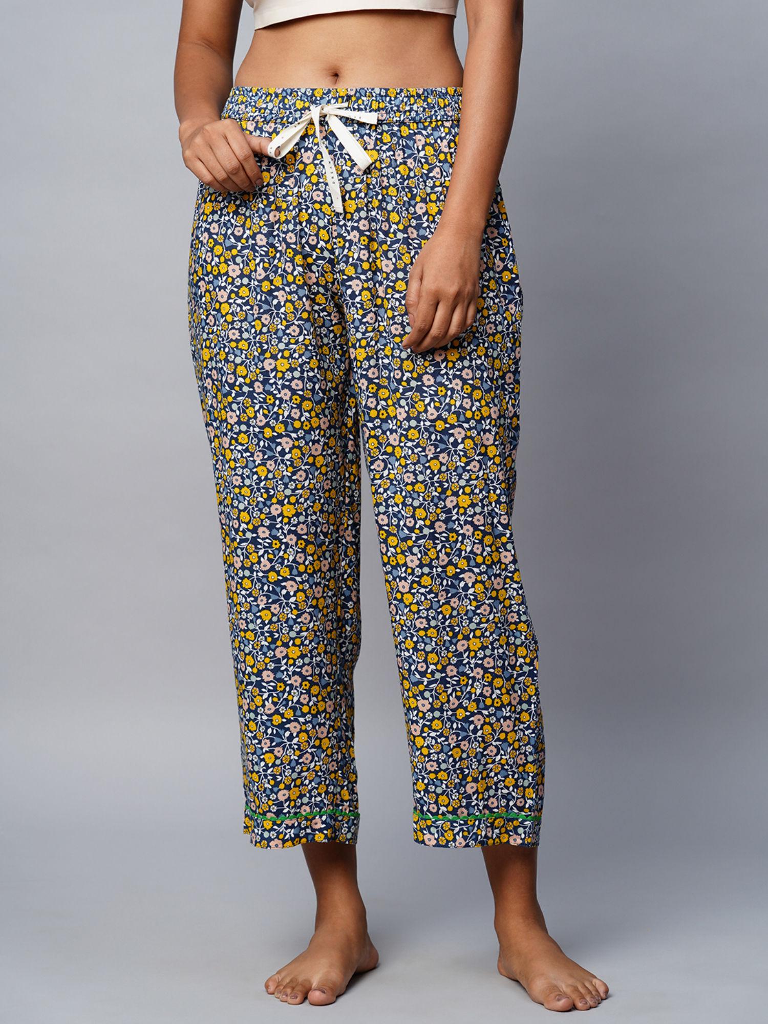 navy blue printed rayon cropped pyjama with ric rac detailing