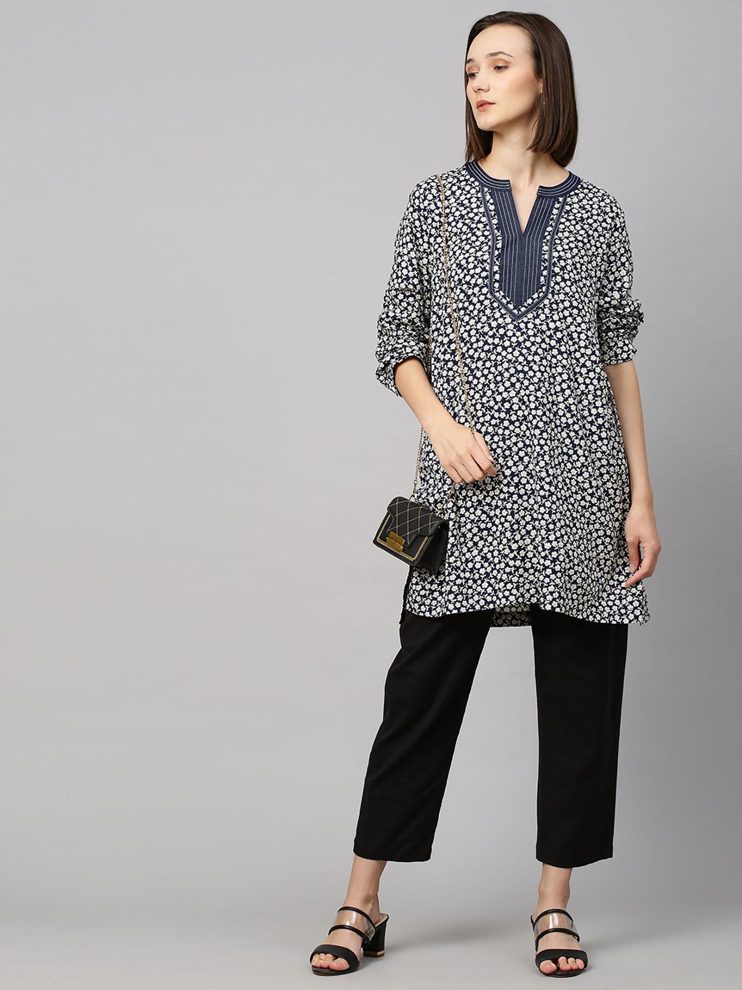 navy blue printed rayon kurta