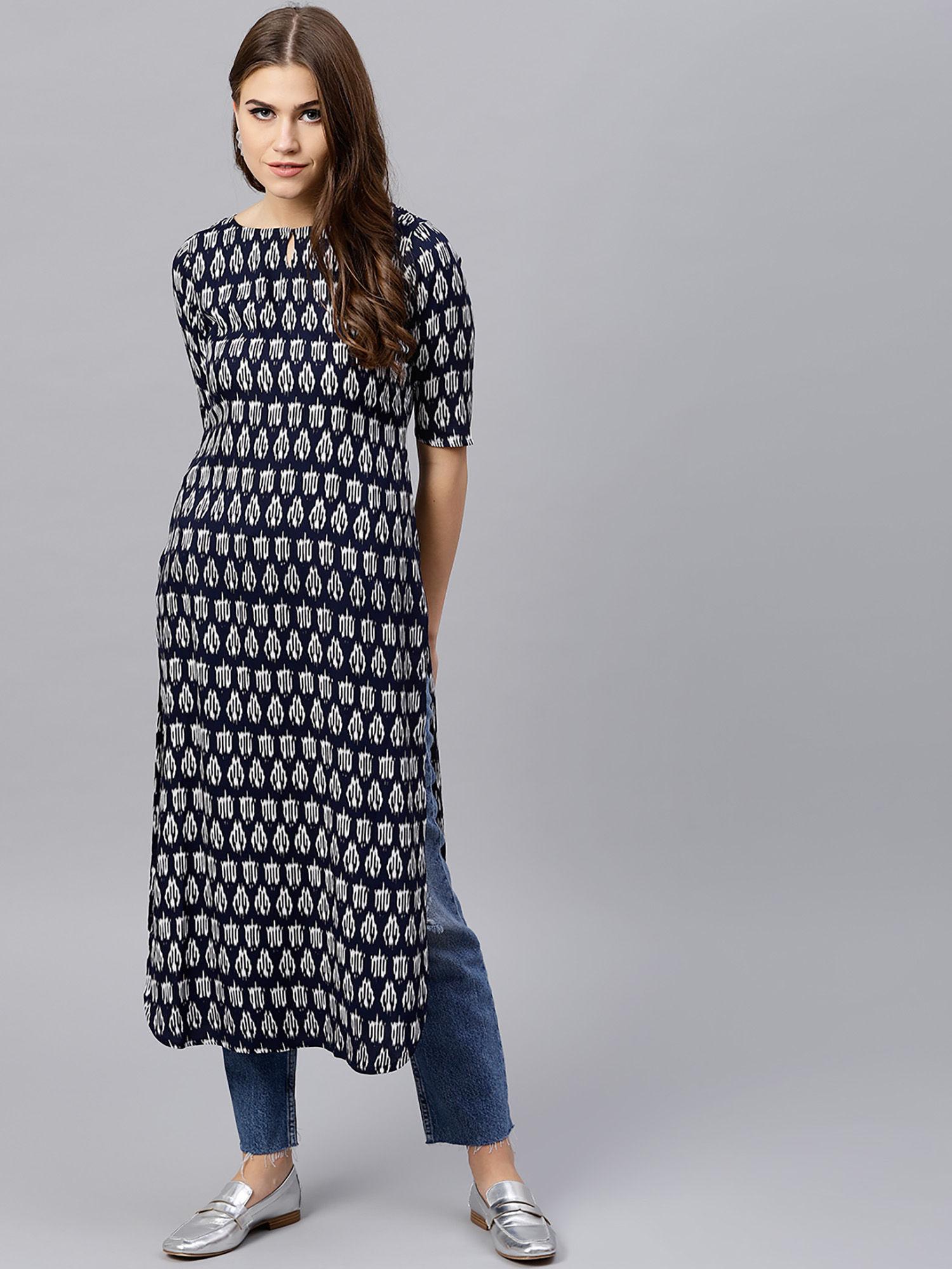 navy blue printed rayon pathani kurta