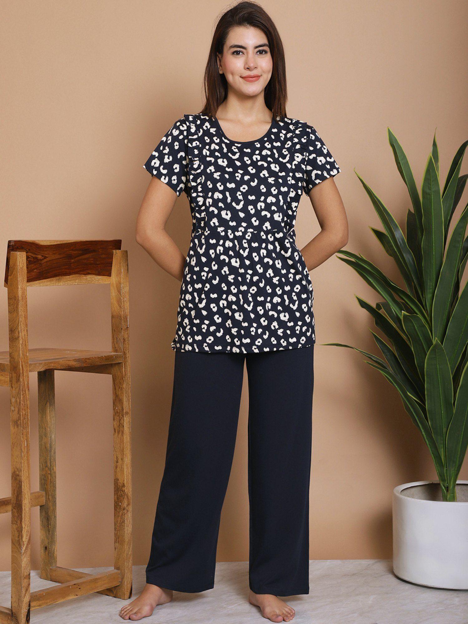 navy blue printed round neck short sleeves cotton night suit (set of 2)