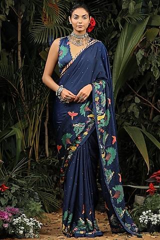 navy blue printed saree set