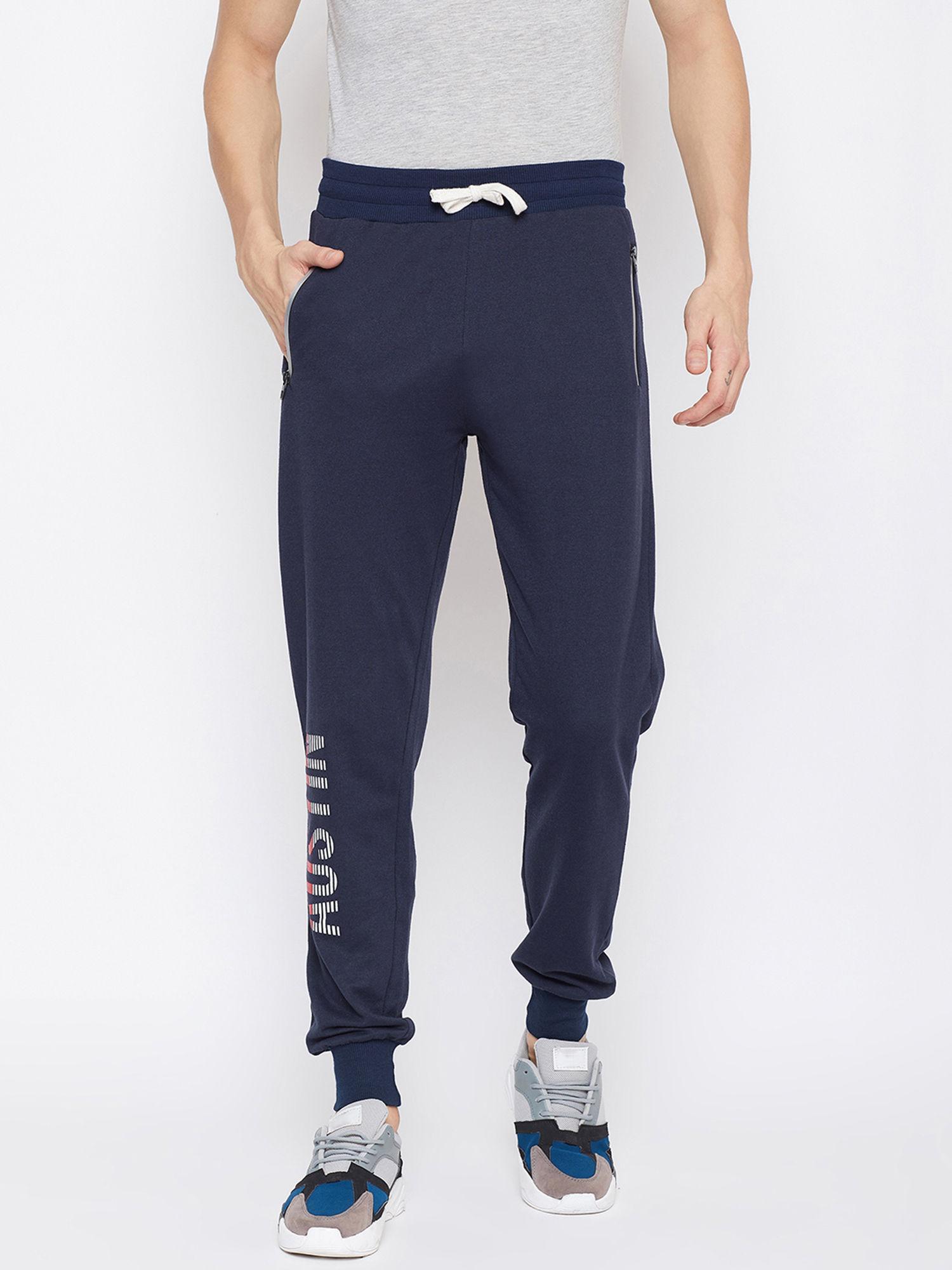 navy blue printed slim fit track pants