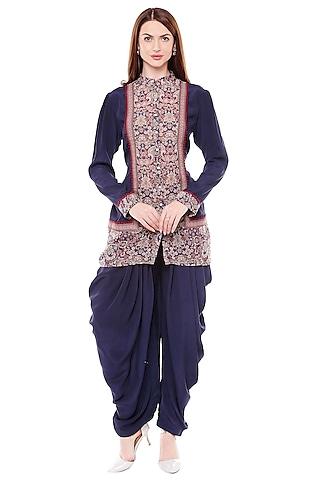 navy blue printed top with dhoti skirt