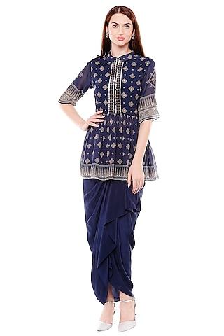 navy blue printed top with dhoti skirt